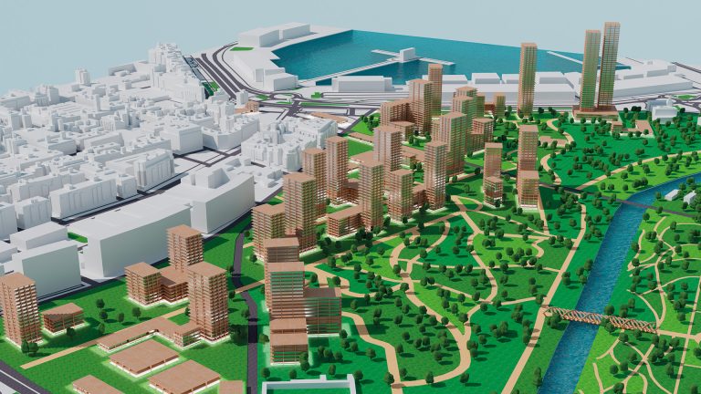 Ciudad verde recreada digitalmente en 3D