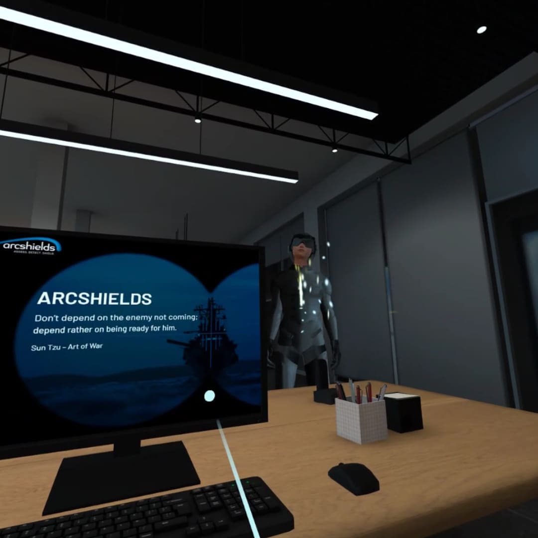 Menú inicial en aplicación de ciberseguridad en realidad virtual para Arcshields