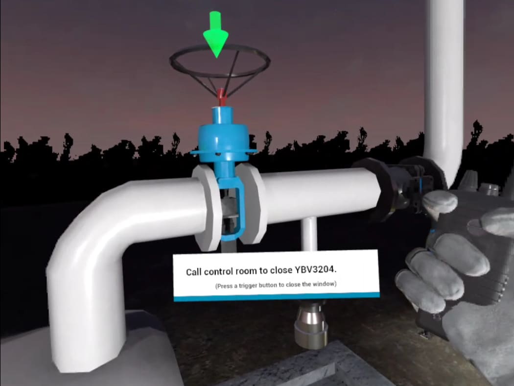 Cierre de válvula en simulación VR de tanque de gas