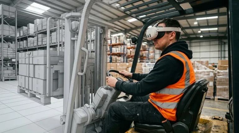 Técnico con gafas Meta Quest 3 conduciendo una carretilla elevadora en un almacén simulado en 3D