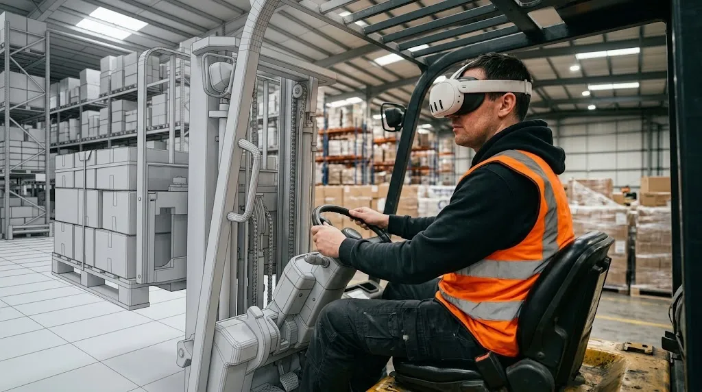 Técnico con gafas Meta Quest 3 conduciendo una carretilla elevadora en un almacén simulado en 3D