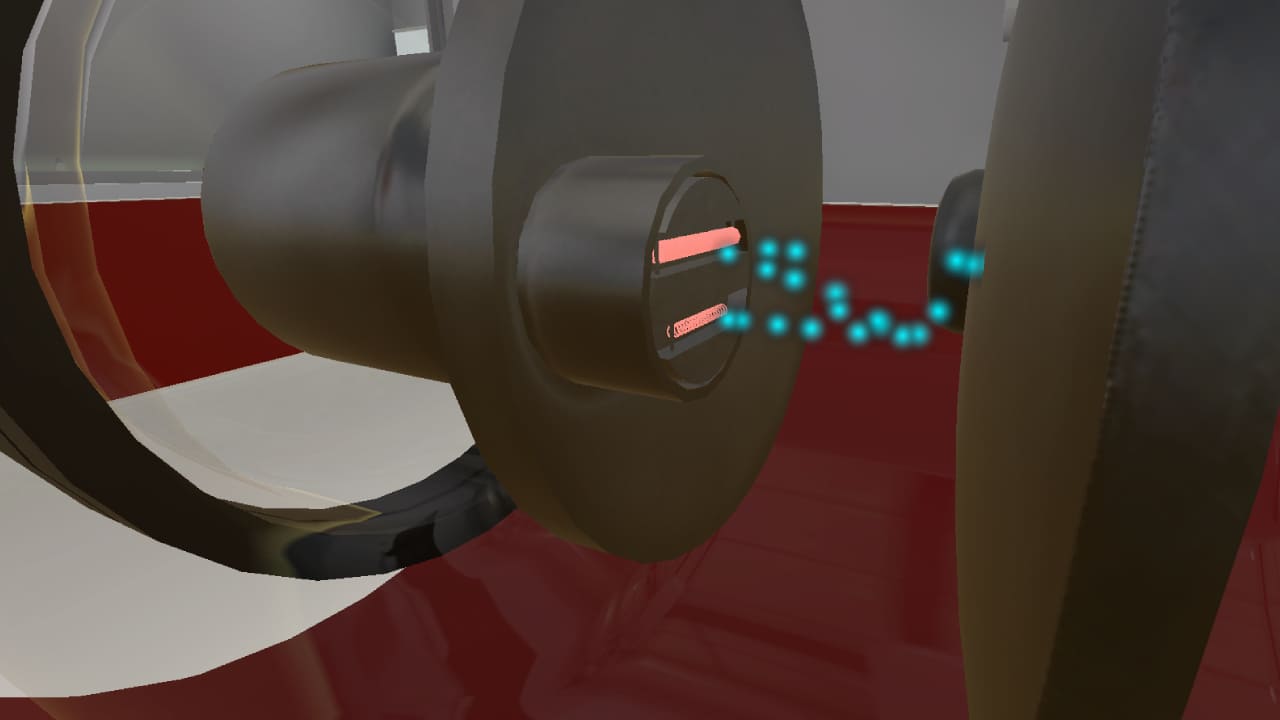 Primer plano detallado del interior de un tubo de rayos X simulado en realidad virtual, mostrando la visualización de partículas y filamentos incandescentes durante la generación del haz.